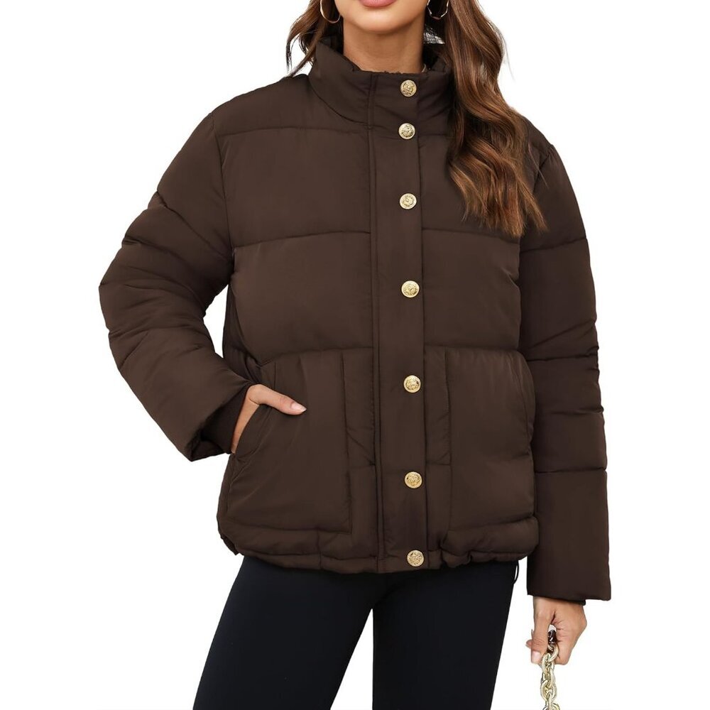 Women's Short Puffer Quilted Jacket Coat Dark Coffee Winter Zip Up Snap Button